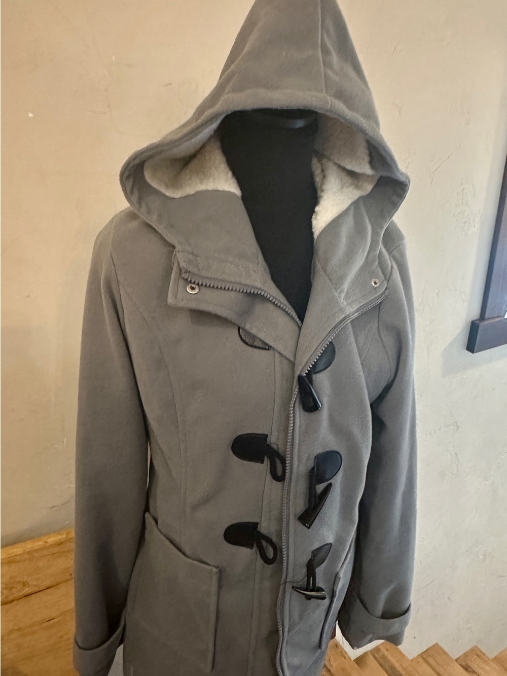 Xian Xian Women's Gray Hooded Toggle Peacoat with Sherpa Lining